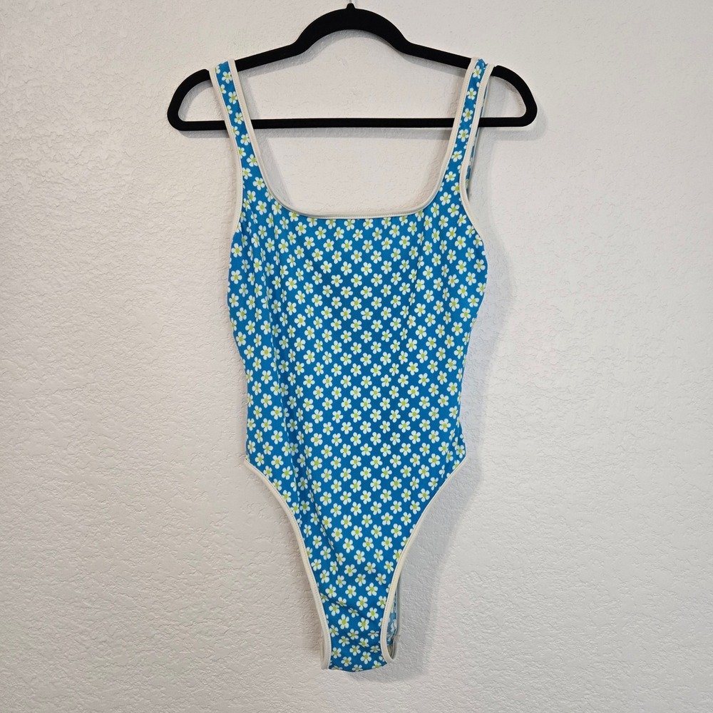Xhilaration Vitnage Y2K Blue Daisy Floral One Piece Swimsuit High Cut Low Back L